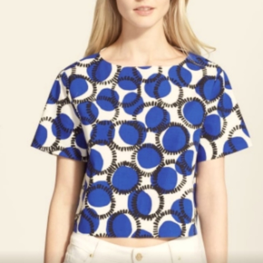 Kate Spade Blue and White Circle Print Crop Cotton Top
